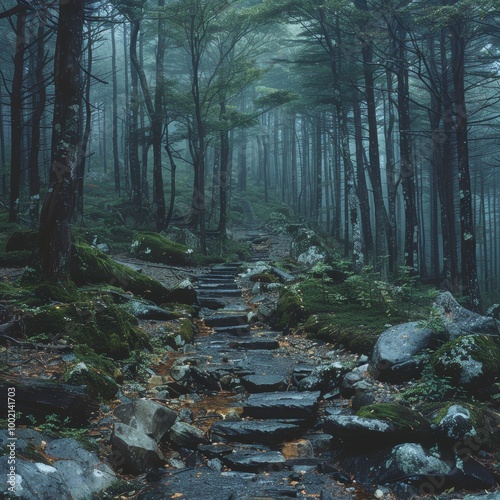 Misty forest path in the serene Aokigahara woods in Japan photo