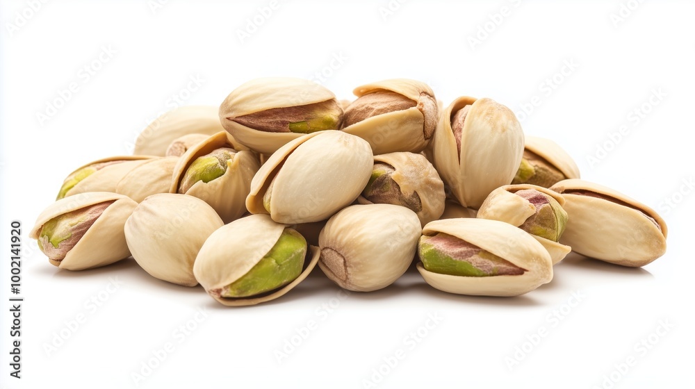A close-up view of a pile of shelled pistachio nuts on a white background highlighting their vibrant green centers A close-up view of a pile of shelled pistachio nuts on a white background highlighting their vibrant green centers