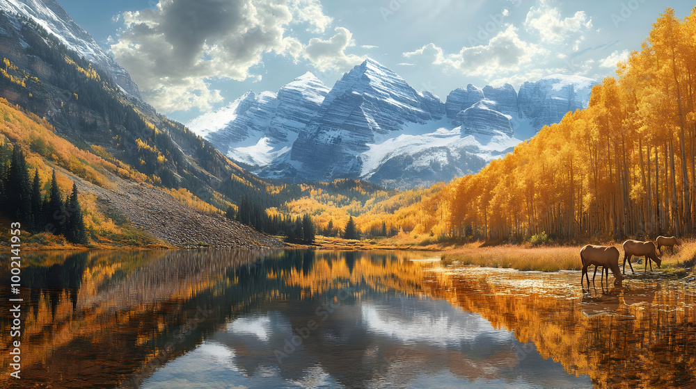 Stunning Mountain Lake with Golden Aspen Trees and Reflections Stunning Mountain Lake with Golden Aspen Trees and Reflections