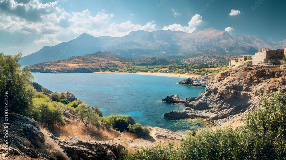 Stunning Coastal Landscape with Ancient Ruins in Greece Stunning Coastal Landscape with Ancient Ruins in Greece