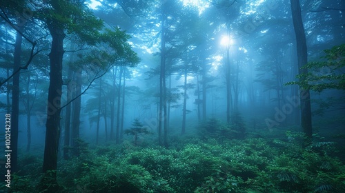 Mystical morning in the foggy Aokigahara forest landscape photo