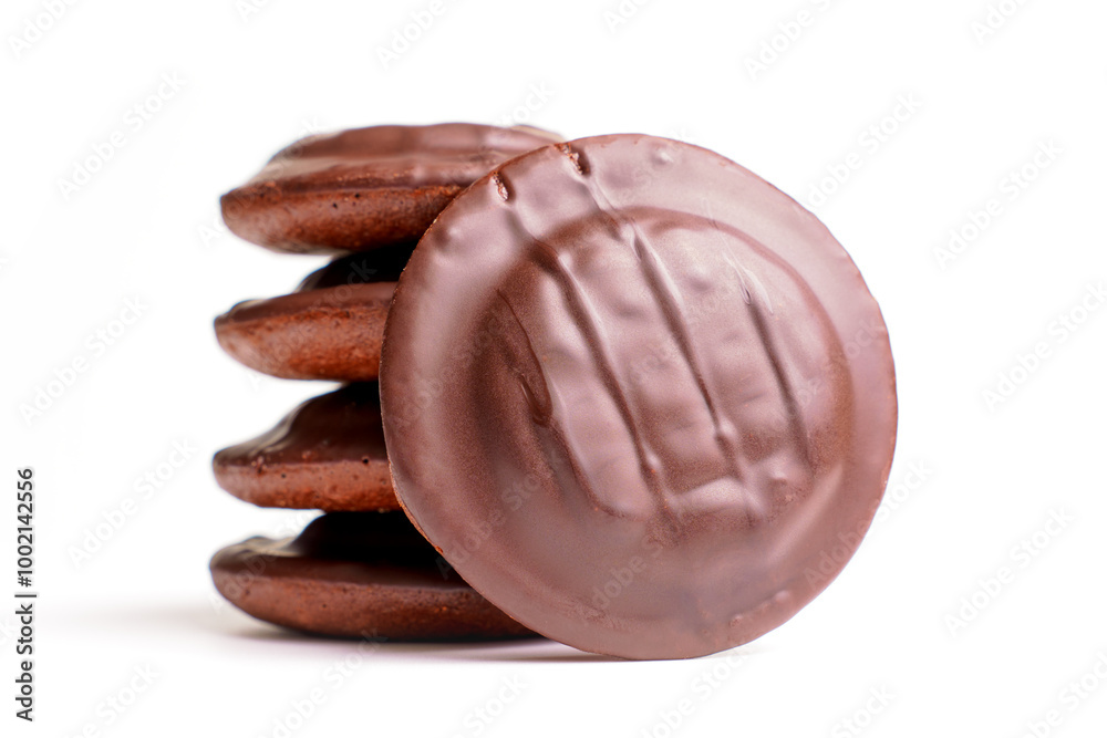 Close-Up of Stacked Chocolate-Covered Cookies on White Background Close-Up of Stacked Chocolate-Covered Cookies on White Background