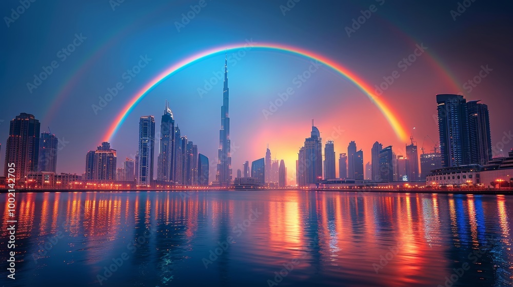 Obraz premium Majestic rainbow arching over Dubai skyline at sunset reflection