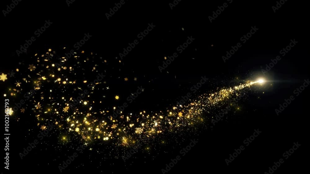 Golden glitter light particle trail, sparkling shining effect. Gold glittering magic shimmer, sparks particles flare on black background for birthday, anniversary, new year, Christmas, festival events