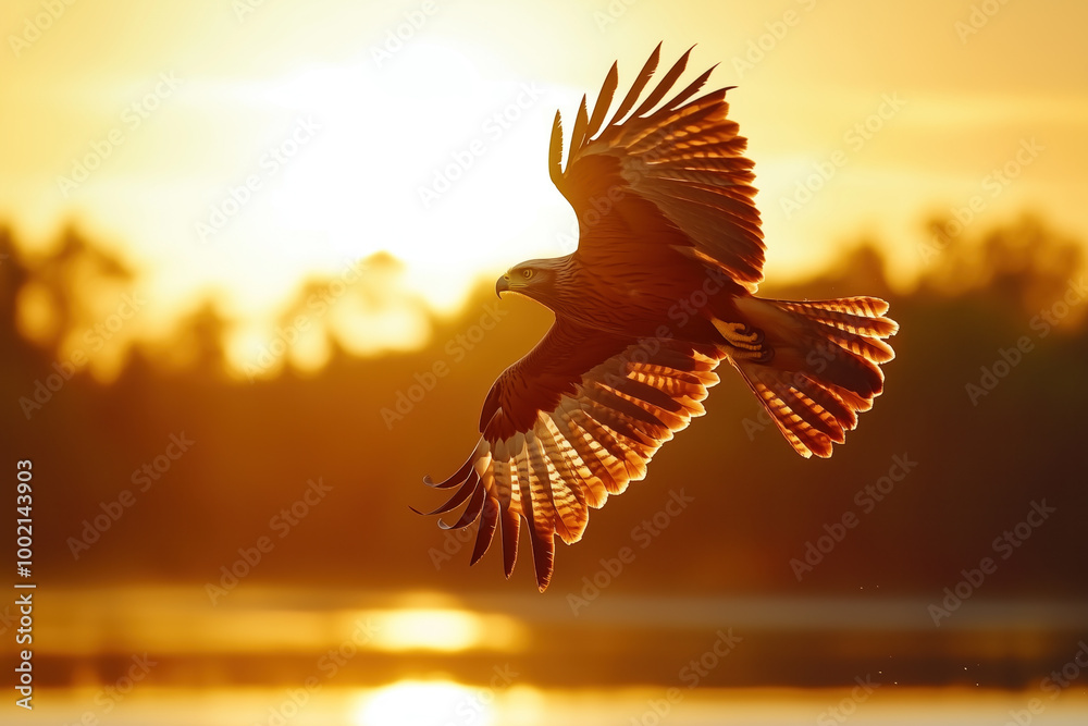 Obraz premium Brahminy kite flying high as the sun sets