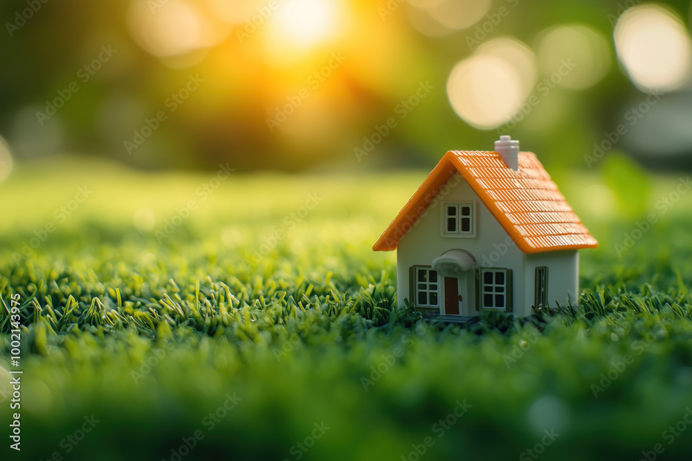 Miniature house on green grass at sunset Miniature house on green grass at sunset