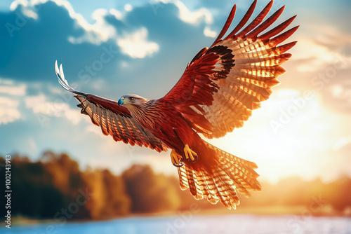 Brahminy kite soaring above as the sun goes down