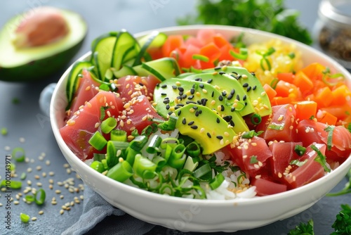 A colorful poke bowl with fresh tuna, avocado, and a variety of vegetables