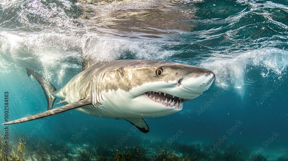 Naklejka premium A striking image of dorsal fin slicing through the water's surface, hinting at its powerful presence beneath.