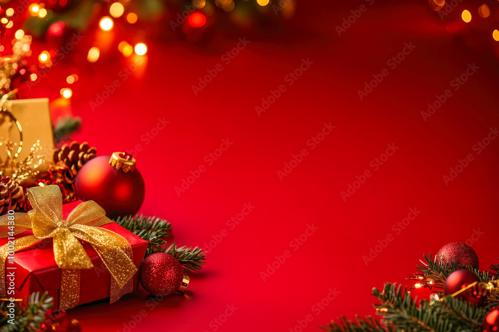 Gift box in red adorned with holiday garlands and ornaments Gift box in red adorned with holiday garlands and ornaments