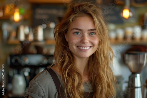 Young blonde waitress with blue eyes smiling in a cafe. Warm lighting, coffee shop background. Friendly, approachable expression. Customer service concept