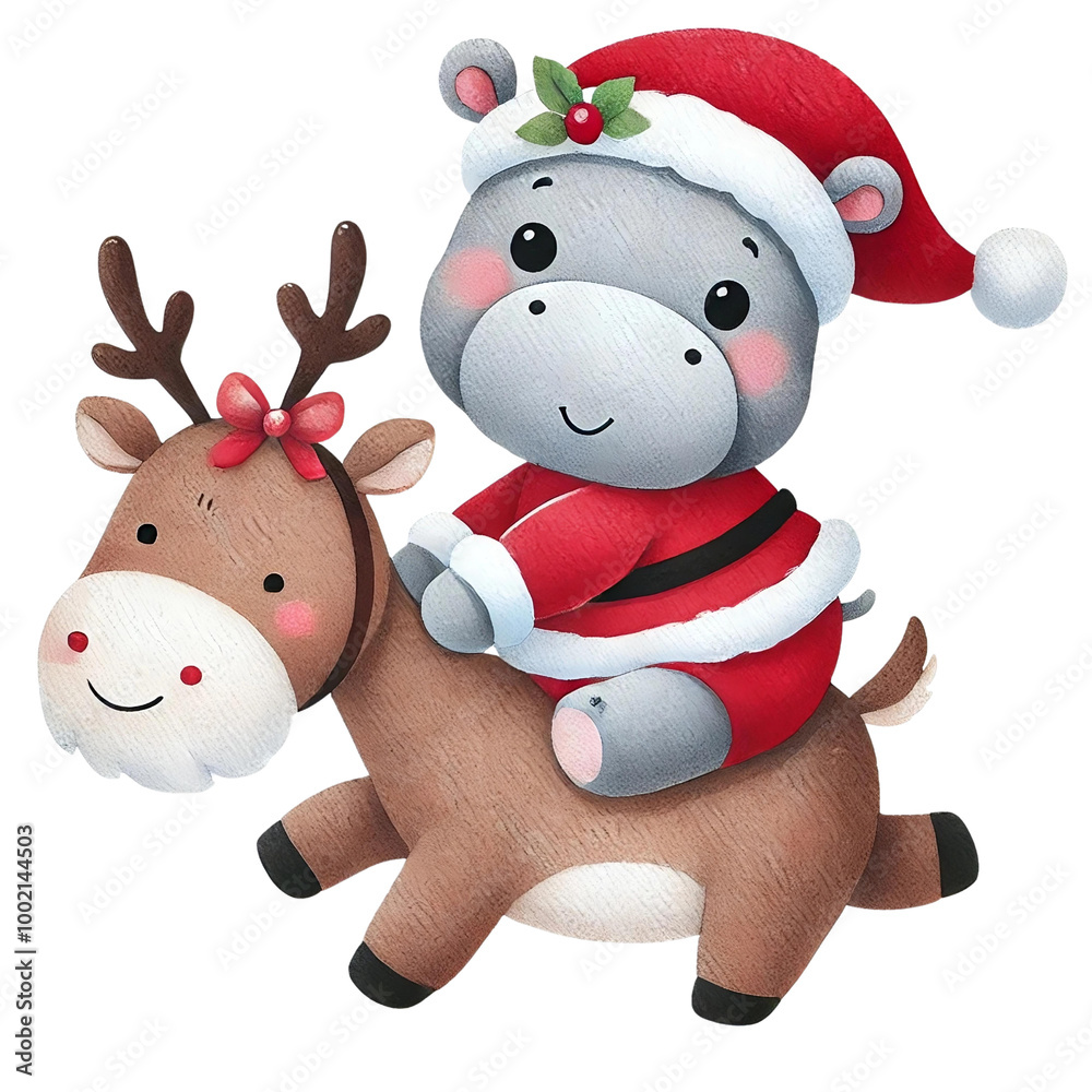 Cute Hippo in Santa Outfit Riding Reindeer
Cute Hippo in Santa Outfit Riding Reindeer