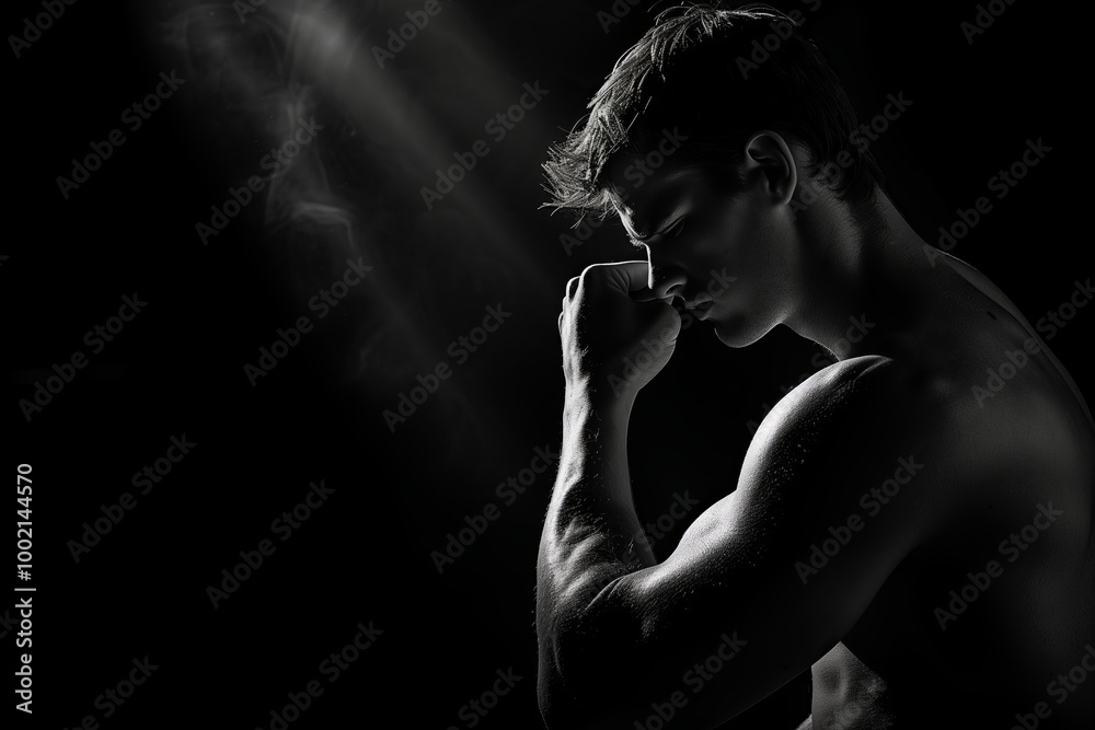 Dramatic black and white portrait of shirtless man in contemplative pose. Dark background, light beam highlights muscular form. Conveys strength, vulnerability, and introspection Dramatic black and white portrait of shirtless man in contemplative pose. Dark background, light beam highlights muscular form. Conveys strength, vulnerability, and introspection