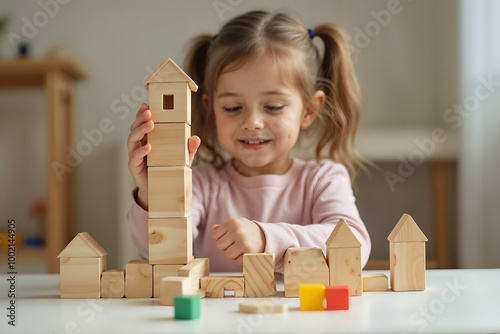 A joyful 5-year-old girl is engrossed in building a tower with wooden blocks