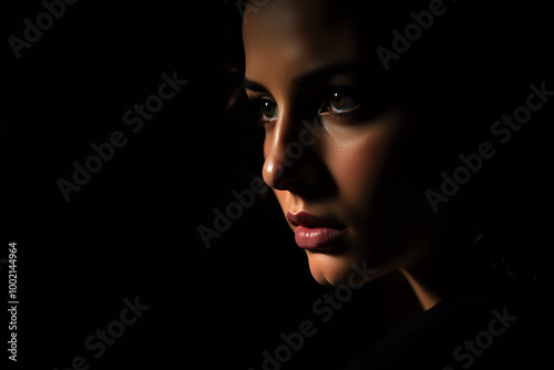A dramatic, high-contrast portrait of a woman featuring intense chiaroscuro lighting that accentuates her facial features