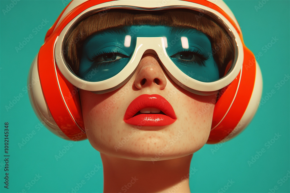 Close-up of a woman with freckles wearing futuristic headphones and goggles with orange details and blue lenses on a turquoise background. Close-up of a woman with freckles wearing futuristic headphones and goggles with orange details and blue lenses on a turquoise background.