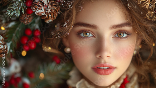 A young woman and a fabulous Christmas, a Christmas masquerade, Christmas decor.