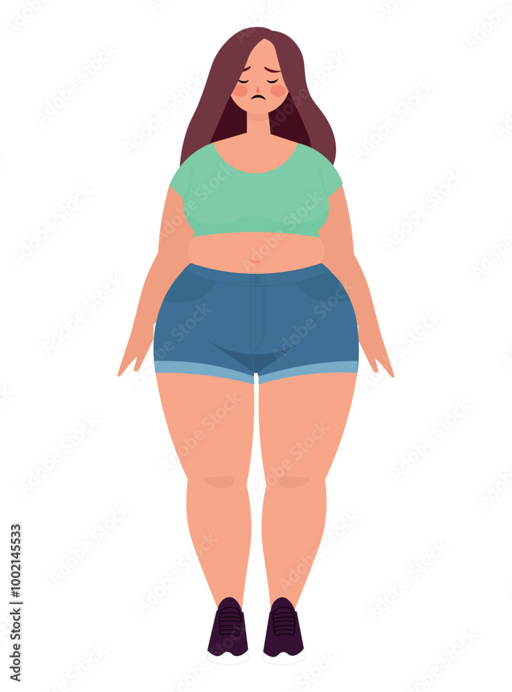 fat woman with sad expression, in gym clothes