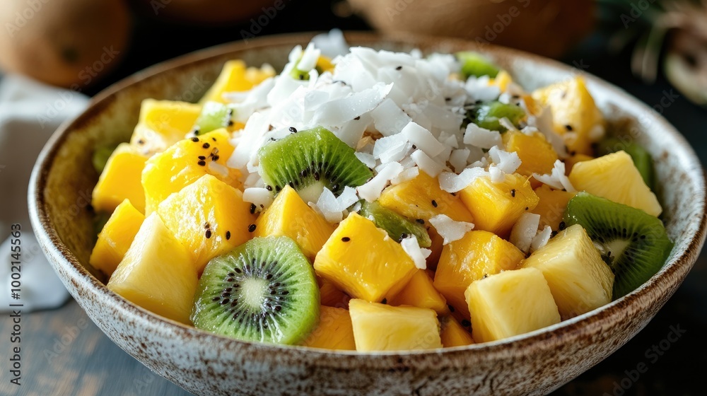 A vibrant fruit salad featuring chunks of fresh coconut alongside pineapple, mango, and kiwi, beautifully arranged in a bowl for a refreshing treat. A vibrant fruit salad featuring chunks of fresh coconut alongside pineapple, mango, and kiwi, beautifully arranged in a bowl for a refreshing treat.