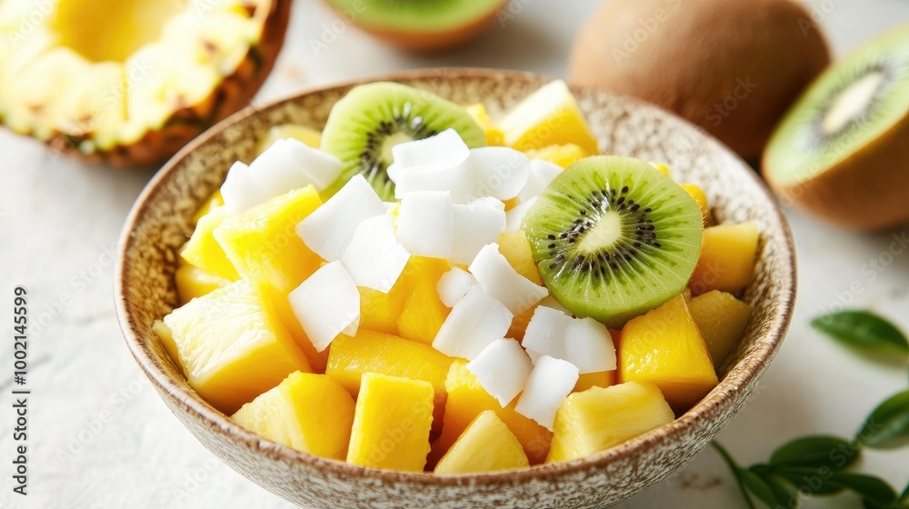A vibrant fruit salad featuring chunks of fresh coconut alongside pineapple, mango, and kiwi, beautifully arranged in a bowl for a refreshing treat. A vibrant fruit salad featuring chunks of fresh coconut alongside pineapple, mango, and kiwi, beautifully arranged in a bowl for a refreshing treat.