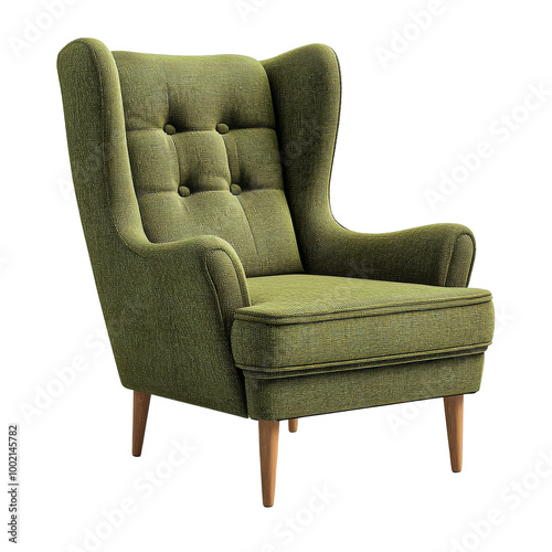 Cozy green upholstered chair with wooden legs