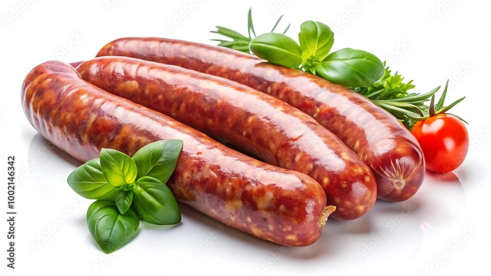 Sausage on White Background. Modern Sausage Dish Pic. Sausage on White Background. Modern Sausage Dish Pic.
