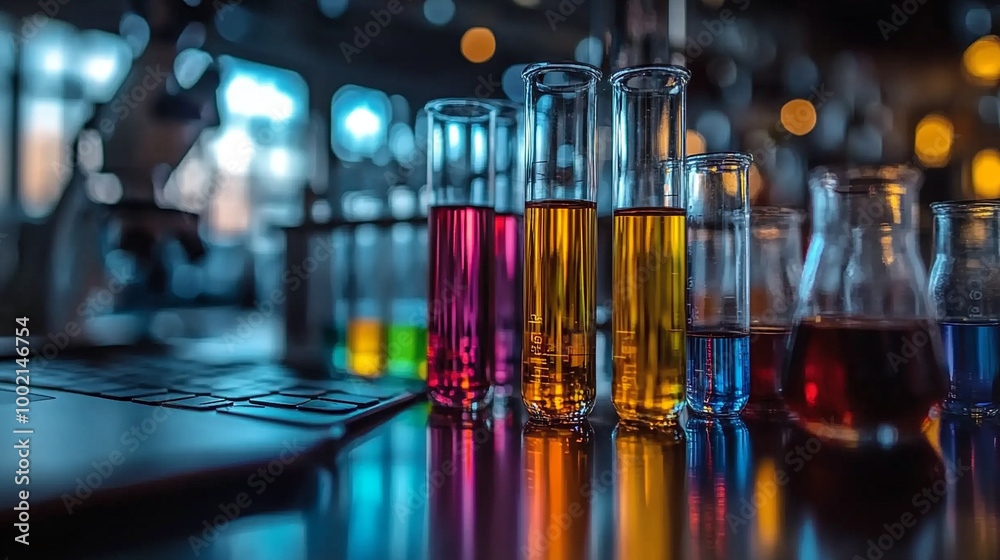 Colorful test tubes filled with vibrant liquids on a lab table, illuminated by ambient light, showcasing scientific exploration. Colorful test tubes filled with vibrant liquids on a lab table, illuminated by ambient light, showcasing scientific exploration.