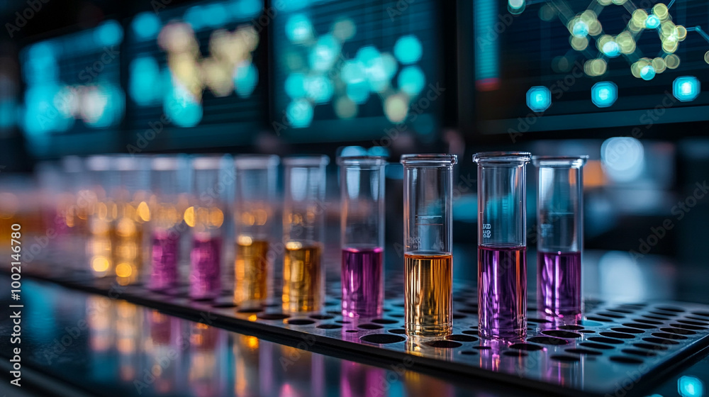 Colorful test tubes with various liquids stand on a laboratory counter, showcasing scientific experimentation and innovation. Colorful test tubes with various liquids stand on a laboratory counter, showcasing scientific experimentation and innovation.