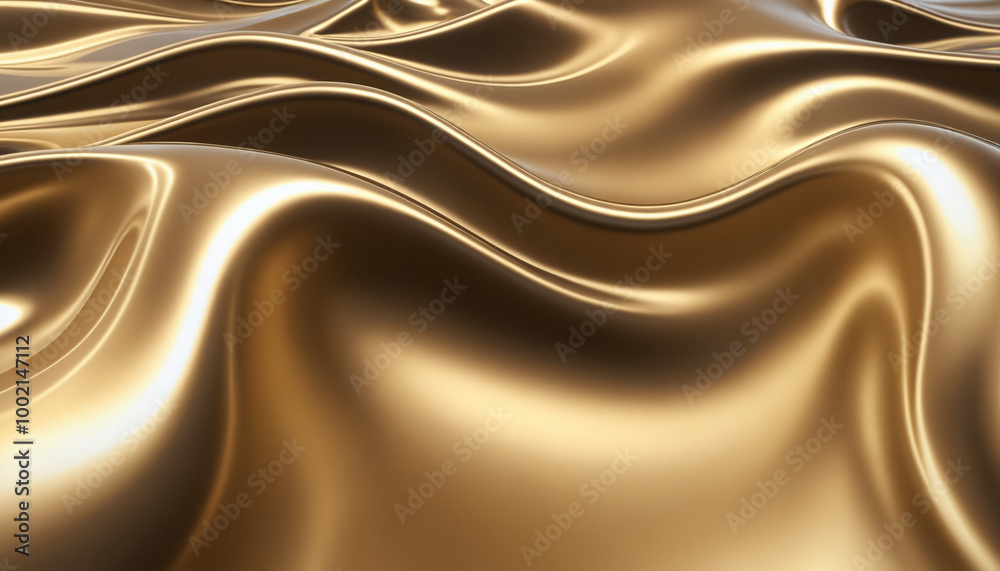 Fototapeta premium A fluid, liquid metal background in soft gold hues, with smooth, flowing shapes that have a glossy, reflective surface