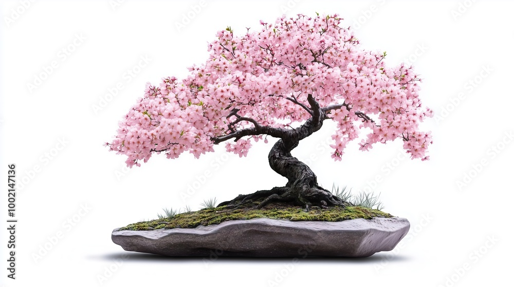 A stylized bonsai sakura tree, isolated on white background