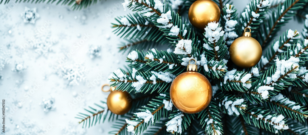 Golden Christmas Ornaments on a Snowy Pine Branch Golden Christmas Ornaments on a Snowy Pine Branch