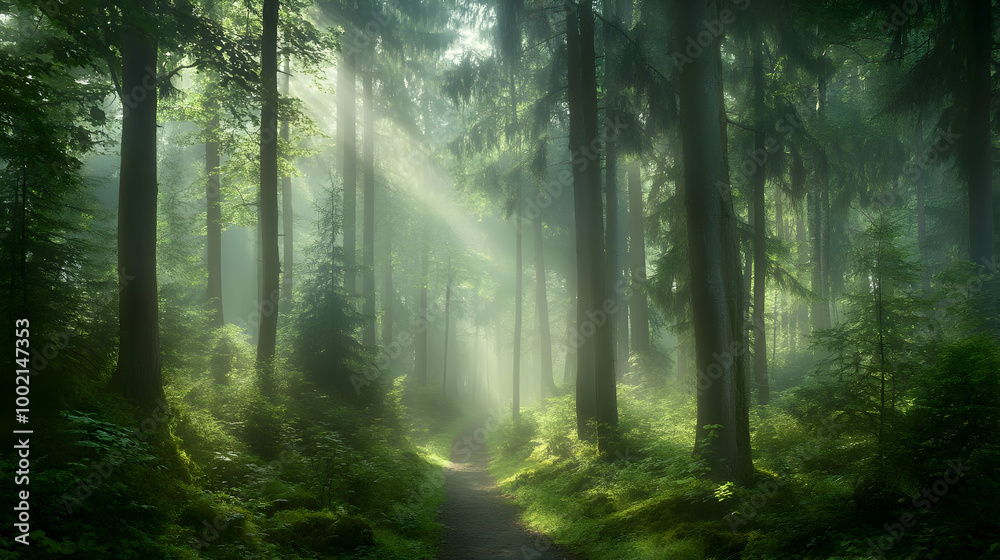 Sunbeams Through Foggy Forest Path - Nature Photography Sunbeams Through Foggy Forest Path - Nature Photography