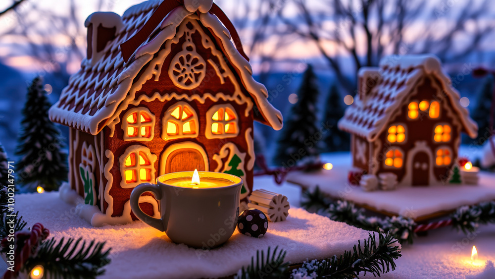 Fototapeta premium Cozy Christmas Gingerbread House with Candlelight