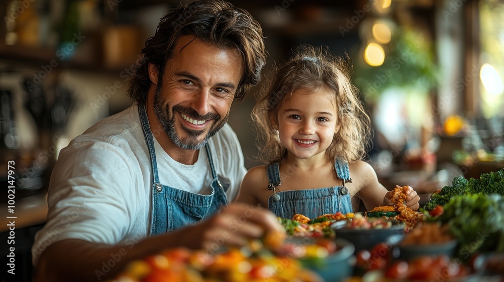 A joyful moment between a father and daughter preparing food together. A joyful moment between a father and daughter preparing food together.