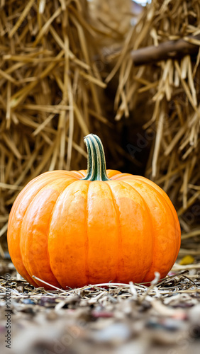 Single pumpkin resting on hay