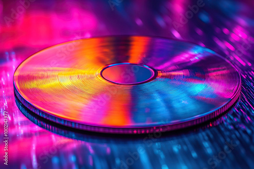 Compact disc on the table in neon light. Vintage disco background. Generated by artificial intelligence