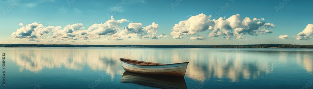 Serene Wooden Rowboat on Calm Lake with Reflective Clouds and Blue Sky in Tranquil Landscape Serene Wooden Rowboat on Calm Lake with Reflective Clouds and Blue Sky in Tranquil Landscape