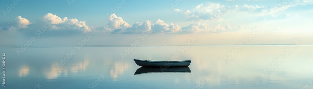 Tranquil Scene of a Lone Boat Floating on Calm Waters Under a Serene Sky with Soft Clouds at Sunrise Tranquil Scene of a Lone Boat Floating on Calm Waters Under a Serene Sky with Soft Clouds at Sunrise