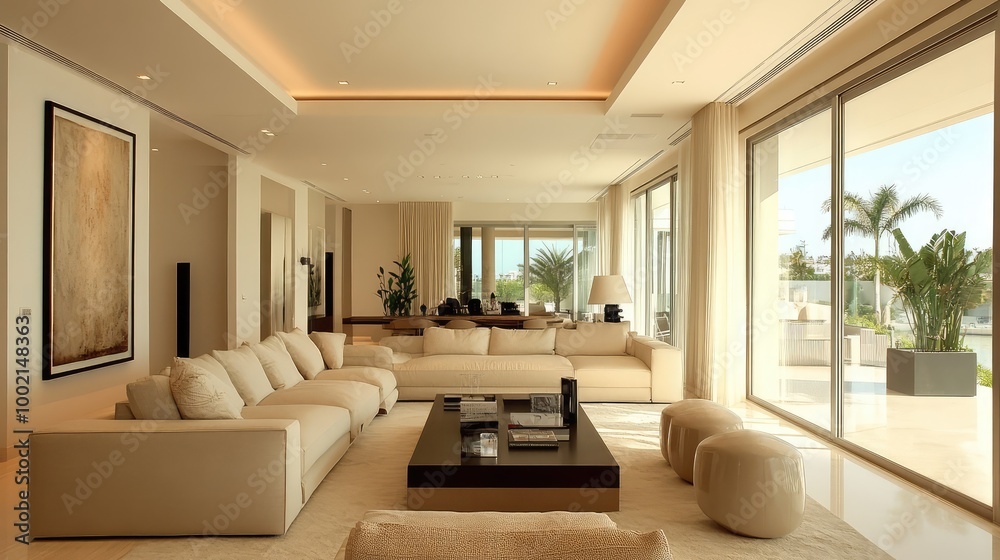 Modern, minimalist living room with clean lines, neutral tones, and high-end, sleek furnishings. Modern, minimalist living room with clean lines, neutral tones, and high-end, sleek furnishings.