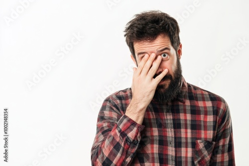 Awkward Encounter: Bearded Man Avoiding Eye Contact with Ex, Embarrassed and Hiding Face