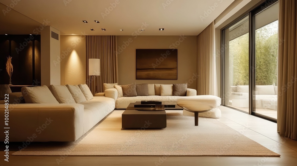 Fototapeta premium Modern, minimalist living room with clean lines, neutral tones, and high-end, sleek furnishings.