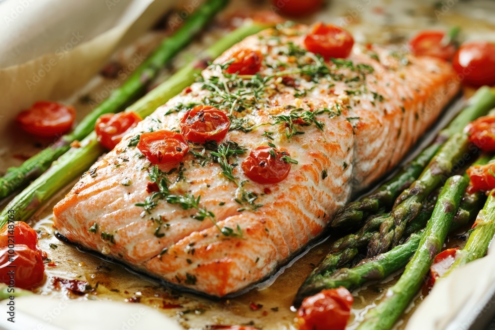 Baked Salmon Dish with Asparagus and Tomato Garnish. Delicious Roast Salmon Steak for Dinner Baked Salmon Dish with Asparagus and Tomato Garnish. Delicious Roast Salmon Steak for Dinner