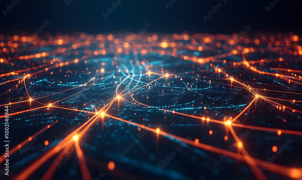 Obraz premium Futuristic financial dashboards and luxury business charts with glowing neon lines, gold accents, and connected nodes for corporate branding.