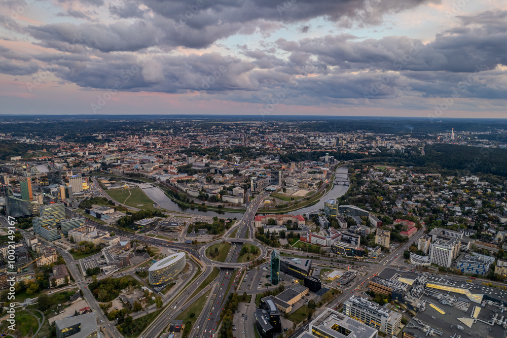 Fototapeta premium Aerial autumn sunset view of Vilnius downtown, Lithuania