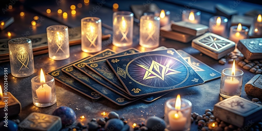 Fototapeta premium Mystical tarot reading setup with illuminated cards, candles, and decorative stones on a richly textured surface