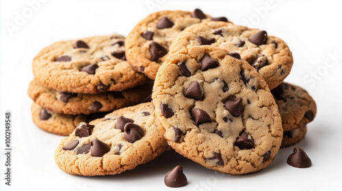 A stack of chocolate chip cookies resting on a white background, crispy and appetizing, ready to be enjoyed
