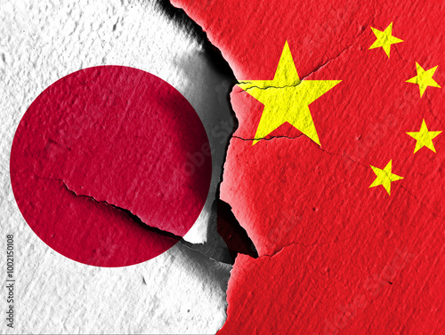 Double exposure concept image of Chinese flag with Japanese flag and texture. Describe the dialogue between China and Japan regarding news events. News reports, social events, severance of relations