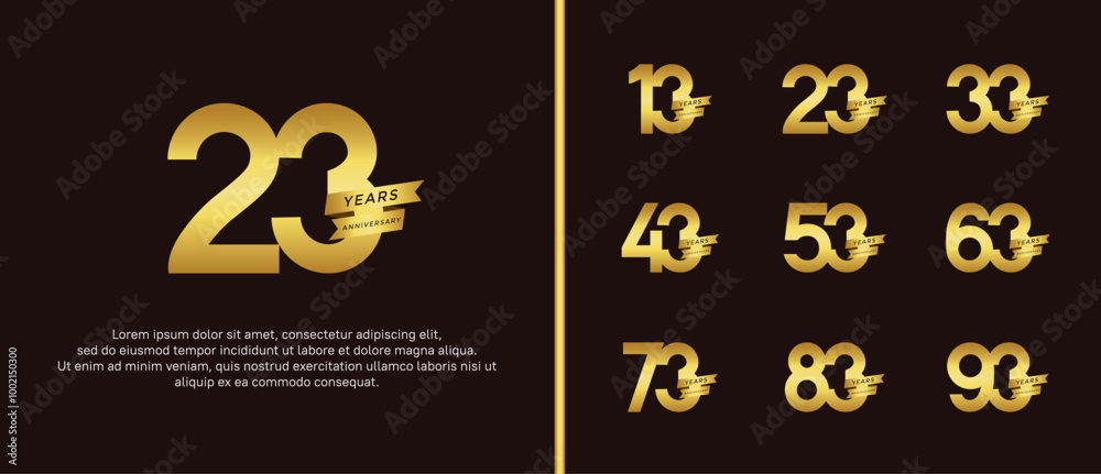 set of anniversary logo flat golden color and gold ribbon for celebration moment set of anniversary logo flat golden color and gold ribbon for celebration moment