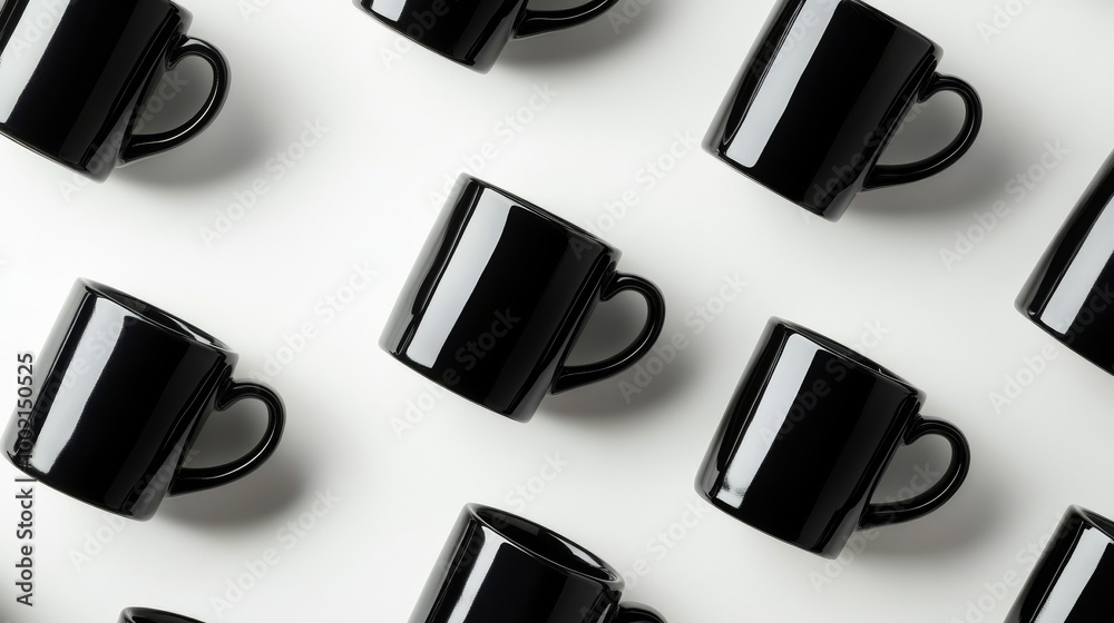 Black ceramic mugs pattern on white background Black ceramic mugs pattern on white background