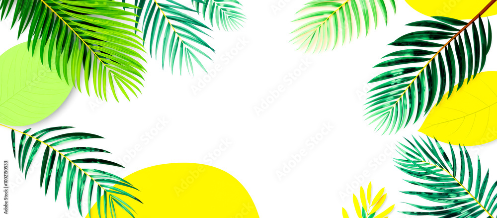 Fototapeta premium Tropical Palm Leaves Border with Yellow Background